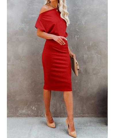 Women's 2023 Summer Dress Off The Shoulder Short Sleeve Ribbed Casual Party Bodycon Midi Dresses Red $25.64 Dresses