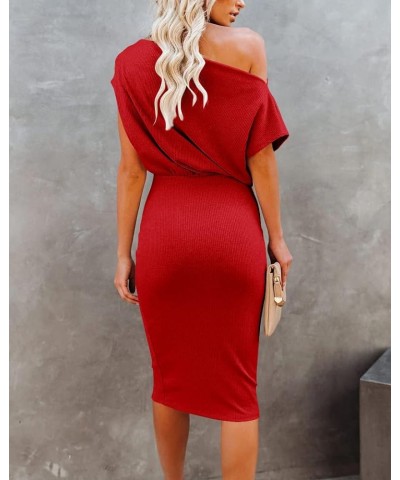 Women's 2023 Summer Dress Off The Shoulder Short Sleeve Ribbed Casual Party Bodycon Midi Dresses Red $25.64 Dresses