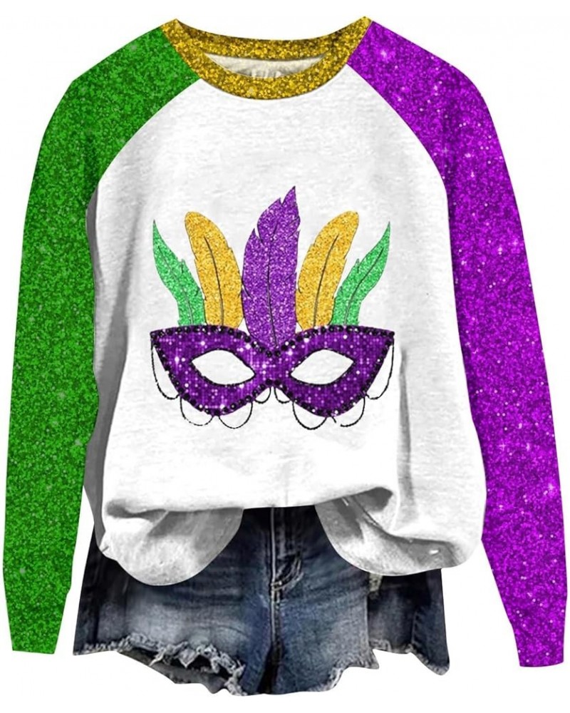 Womens Mardi Gras Shirt Mask Printed Fat Tuesday Tee Shirt New Orleans Carnival Party Long Sleeve Crewneck Shirts Top 18yello...