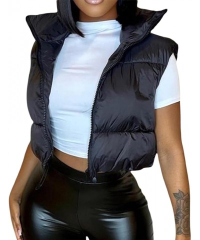 Women Winter Zip Up Crop Puffer Vest Jacket Lightweight Stand Collar Padded Sleeveless Gilet Coat Patchwork Black $14.28 Vests