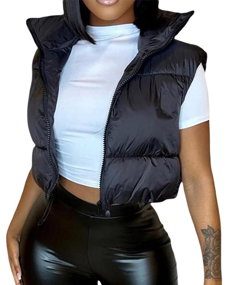 Women Winter Zip Up Crop Puffer Vest Jacket Lightweight Stand Collar Padded Sleeveless Gilet Coat Patchwork Black $14.28 Vests