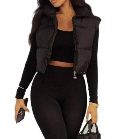 Women Winter Zip Up Crop Puffer Vest Jacket Lightweight Stand Collar Padded Sleeveless Gilet Coat Patchwork Black $14.28 Vests