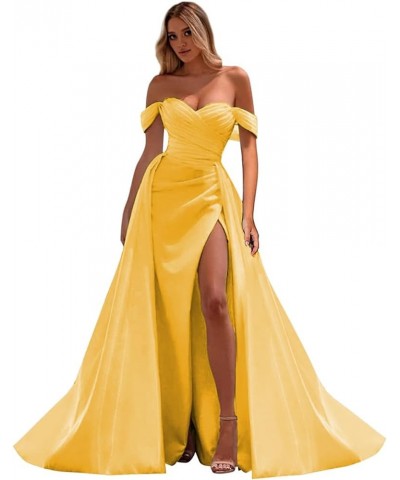 Off The Shoulder Prom Dresses Mermaid Satin Ruched Formal Party Gown with Train Sunflower $29.11 Dresses