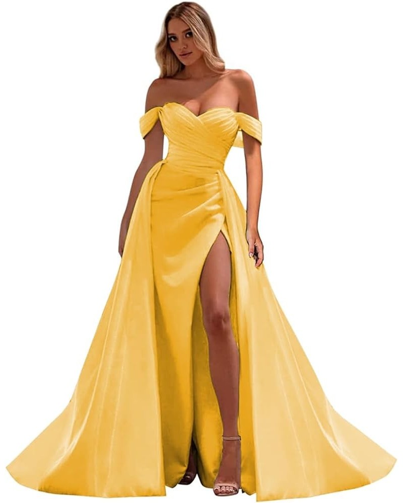 Off The Shoulder Prom Dresses Mermaid Satin Ruched Formal Party Gown with Train Sunflower $29.11 Dresses