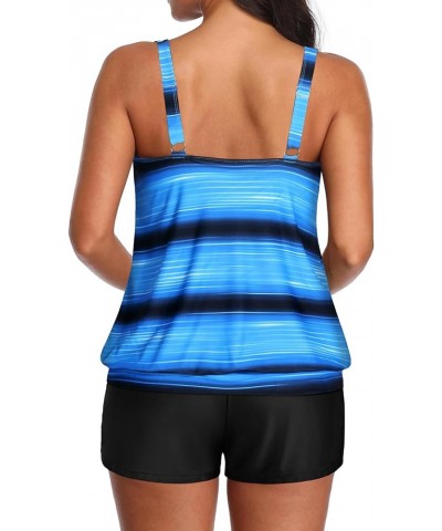 Two Piece Women's Tankini Swimsuits Blouson Swim Tank Top with Shorts Modest Bathing Suits Blue& Black Striped $25.07 Swimsuits