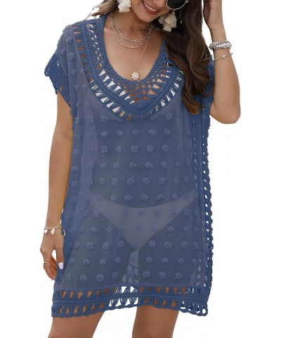 Swimsuit Cover Ups for Women, V Neck Hollow Out Swim Coverup Crochet Chiffon Summer Beach Cover Up Dress B-blue $16.23 Swimsuits