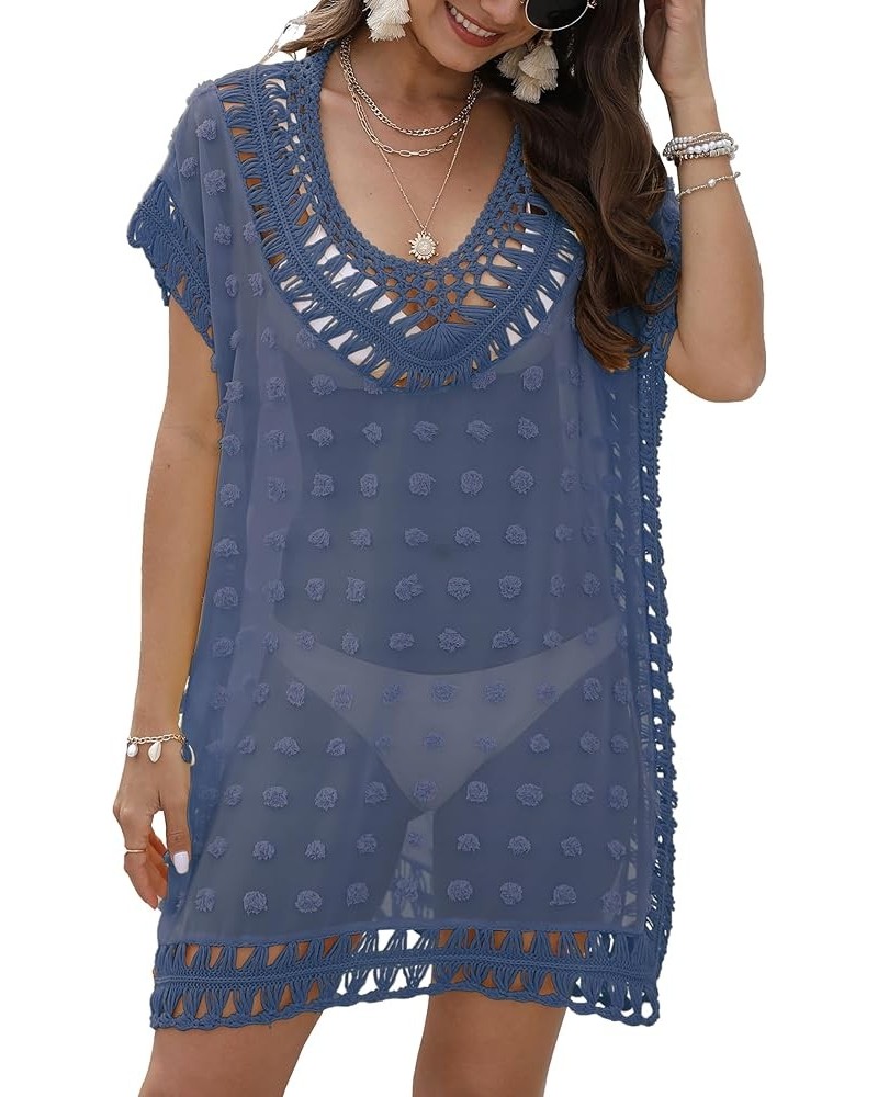 Swimsuit Cover Ups for Women, V Neck Hollow Out Swim Coverup Crochet Chiffon Summer Beach Cover Up Dress B-blue $16.23 Swimsuits