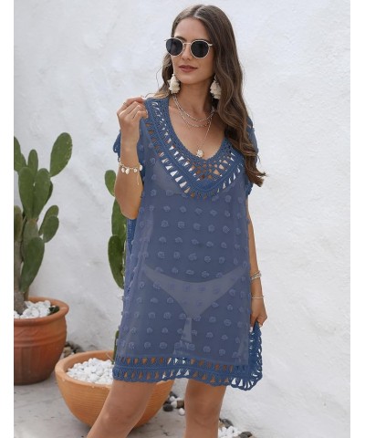 Swimsuit Cover Ups for Women, V Neck Hollow Out Swim Coverup Crochet Chiffon Summer Beach Cover Up Dress B-blue $16.23 Swimsuits