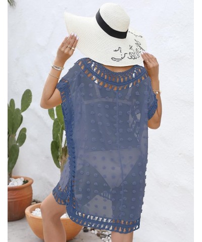 Swimsuit Cover Ups for Women, V Neck Hollow Out Swim Coverup Crochet Chiffon Summer Beach Cover Up Dress B-blue $16.23 Swimsuits