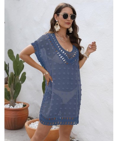 Swimsuit Cover Ups for Women, V Neck Hollow Out Swim Coverup Crochet Chiffon Summer Beach Cover Up Dress B-blue $16.23 Swimsuits