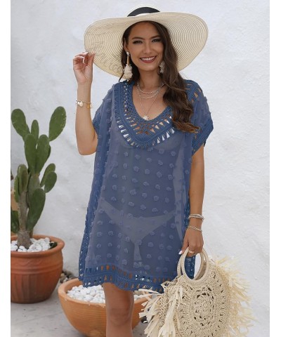 Swimsuit Cover Ups for Women, V Neck Hollow Out Swim Coverup Crochet Chiffon Summer Beach Cover Up Dress B-blue $16.23 Swimsuits