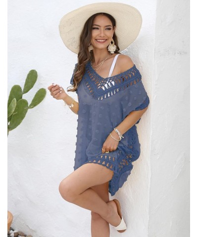 Swimsuit Cover Ups for Women, V Neck Hollow Out Swim Coverup Crochet Chiffon Summer Beach Cover Up Dress B-blue $16.23 Swimsuits