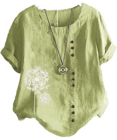 Cotton Linen Dandelion Shirts for Women Plus Size Summer Beach Short Sleeve Casual Loose Comfy Blouses Tunic Tops Green 1 $12...