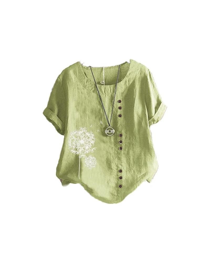 Cotton Linen Dandelion Shirts for Women Plus Size Summer Beach Short Sleeve Casual Loose Comfy Blouses Tunic Tops Green 1 $12...