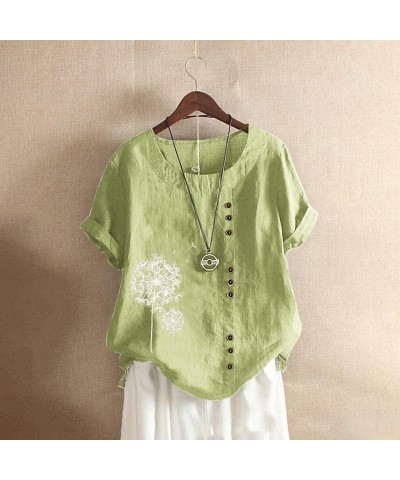 Cotton Linen Dandelion Shirts for Women Plus Size Summer Beach Short Sleeve Casual Loose Comfy Blouses Tunic Tops Green 1 $12...