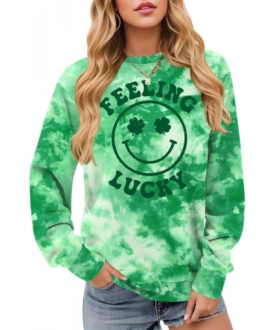 St Patrick's Day Women Long Sleeve Funny Graphic Sweatshirts Tie Dye Smile Face $10.59 Hoodies & Sweatshirts