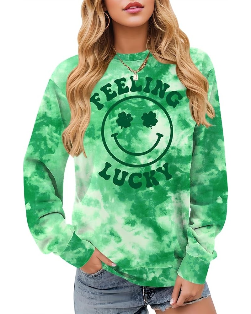 St Patrick's Day Women Long Sleeve Funny Graphic Sweatshirts Tie Dye Smile Face $10.59 Hoodies & Sweatshirts