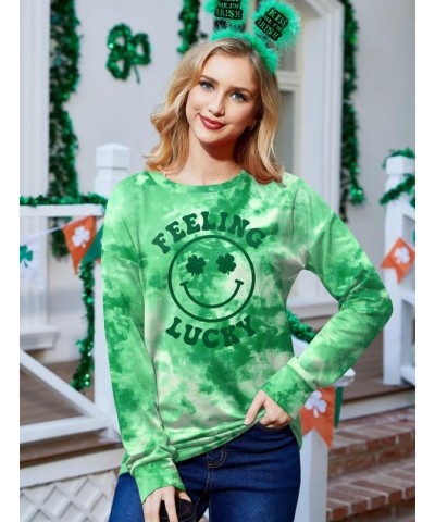 St Patrick's Day Women Long Sleeve Funny Graphic Sweatshirts Tie Dye Smile Face $10.59 Hoodies & Sweatshirts