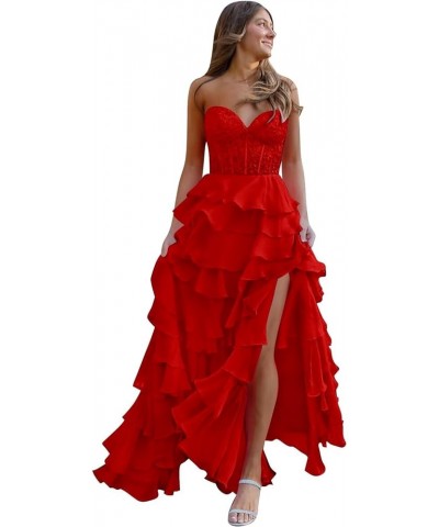 Lace Strapless Corset Prom Dresses for Women 2024 Long Tiered Ruffle Chiffon Formal Evening Dress with Slit Red $47.31 Dresses