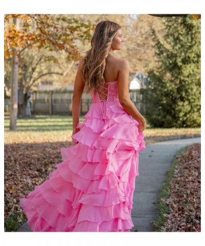 Lace Strapless Corset Prom Dresses for Women 2024 Long Tiered Ruffle Chiffon Formal Evening Dress with Slit Red $47.31 Dresses