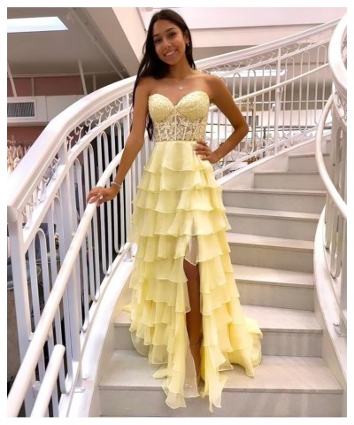 Lace Strapless Corset Prom Dresses for Women 2024 Long Tiered Ruffle Chiffon Formal Evening Dress with Slit Red $47.31 Dresses