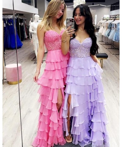 Lace Strapless Corset Prom Dresses for Women 2024 Long Tiered Ruffle Chiffon Formal Evening Dress with Slit Red $47.31 Dresses