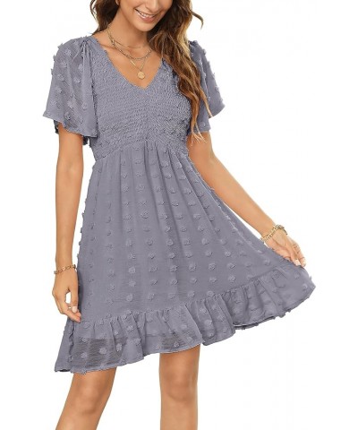 Womens 2024 Summer Smocked Dress Short Flutter Sleeve V Neck Swiss Dot Babydoll Ruffle Tiered Mini Dress Solid Grey $20.70 Dr...