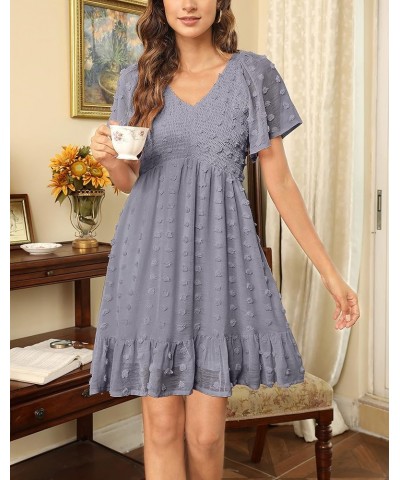 Womens 2024 Summer Smocked Dress Short Flutter Sleeve V Neck Swiss Dot Babydoll Ruffle Tiered Mini Dress Solid Grey $20.70 Dr...