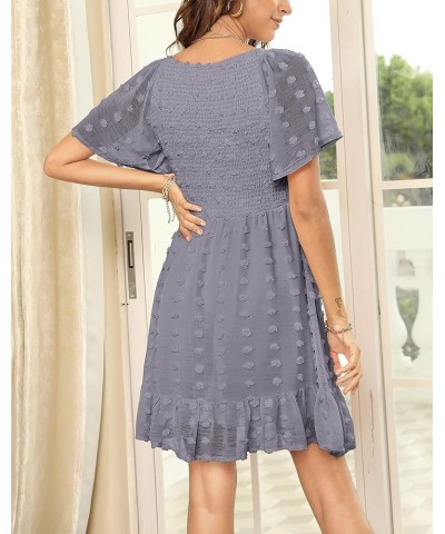 Womens 2024 Summer Smocked Dress Short Flutter Sleeve V Neck Swiss Dot Babydoll Ruffle Tiered Mini Dress Solid Grey $20.70 Dr...