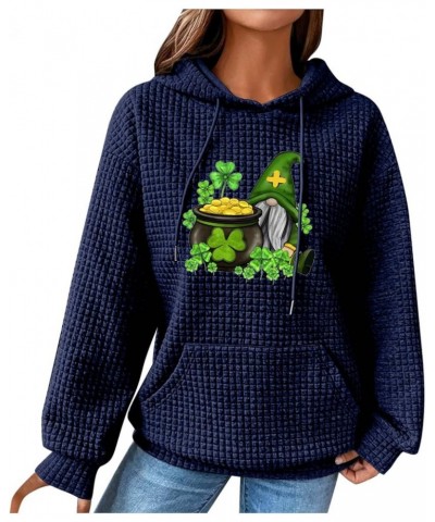 Women's Waffle Hoodie Sweatshirt St. Patrick's Day Long Sleeve Drawstring Pullover Loose Fit Cozy Tops With Pocket 01-blue $1...