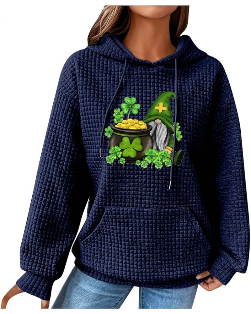 Women's Waffle Hoodie Sweatshirt St. Patrick's Day Long Sleeve Drawstring Pullover Loose Fit Cozy Tops With Pocket 01-blue $1...