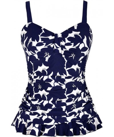 Women's 50's Retro Ruched Tankini Swimsuit Top with Ruffle Hem Navy Floral $14.40 Swimsuits