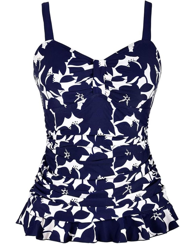 Women's 50's Retro Ruched Tankini Swimsuit Top with Ruffle Hem Navy Floral $14.40 Swimsuits