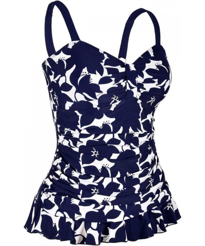 Women's 50's Retro Ruched Tankini Swimsuit Top with Ruffle Hem Navy Floral $14.40 Swimsuits