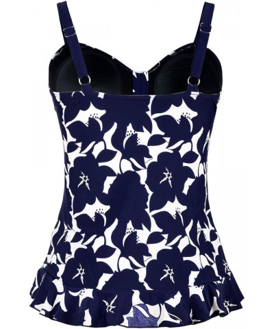 Women's 50's Retro Ruched Tankini Swimsuit Top with Ruffle Hem Navy Floral $14.40 Swimsuits