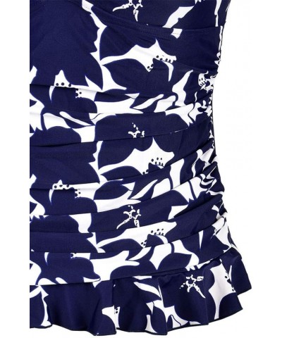 Women's 50's Retro Ruched Tankini Swimsuit Top with Ruffle Hem Navy Floral $14.40 Swimsuits