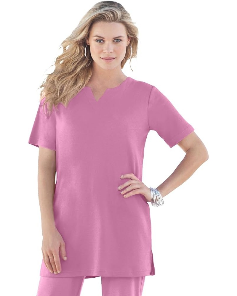 Women's Plus Size Notch-Neck Soft Knit Tunic Short Sleeve T-Shirt Mauve Orchid $14.78 Tops