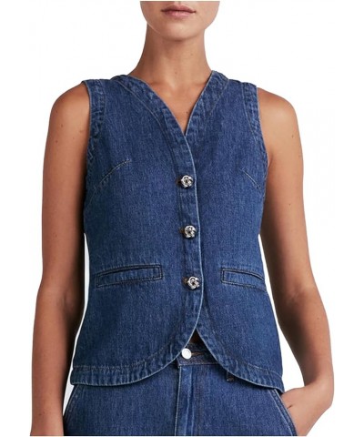 Women's Denim Vest Vintage V Neck Button Up Sleeveless Crop Jean Vest Waistcoat Blue a $17.49 Vests