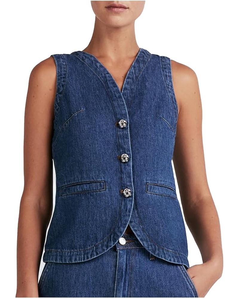 Women's Denim Vest Vintage V Neck Button Up Sleeveless Crop Jean Vest Waistcoat Blue a $17.49 Vests