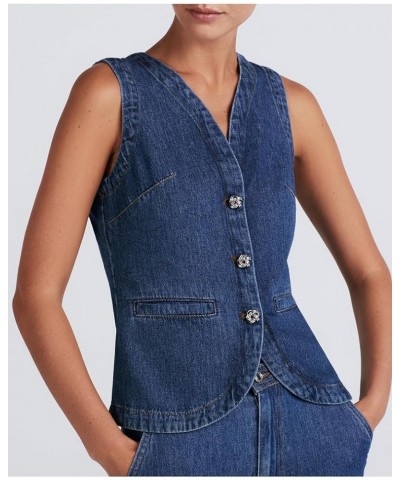 Women's Denim Vest Vintage V Neck Button Up Sleeveless Crop Jean Vest Waistcoat Blue a $17.49 Vests