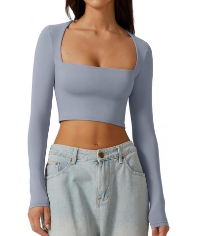 Womens Sexy Square Neck Crop Top Long Sleeve Fashion Y2K Slim Fit Going Out Top Grayishblue $10.00 T-Shirts