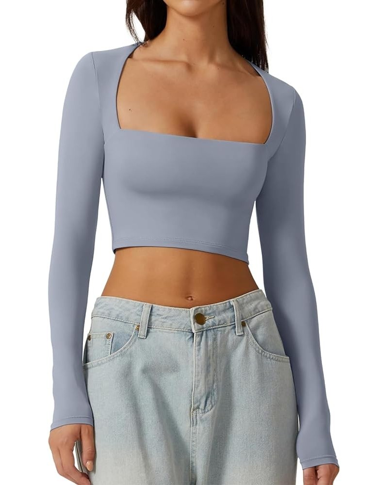 Womens Sexy Square Neck Crop Top Long Sleeve Fashion Y2K Slim Fit Going Out Top Grayishblue $10.00 T-Shirts