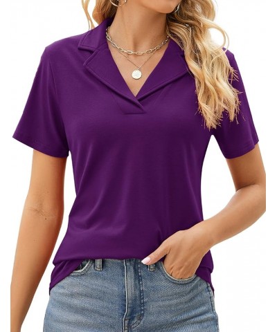 Women's Polo Shirts Lapel Collar V Neck Short Sleeve Blouse Dressy Casual Tunic Tops Purple $17.39 Shirts