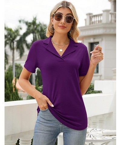 Women's Polo Shirts Lapel Collar V Neck Short Sleeve Blouse Dressy Casual Tunic Tops Purple $17.39 Shirts