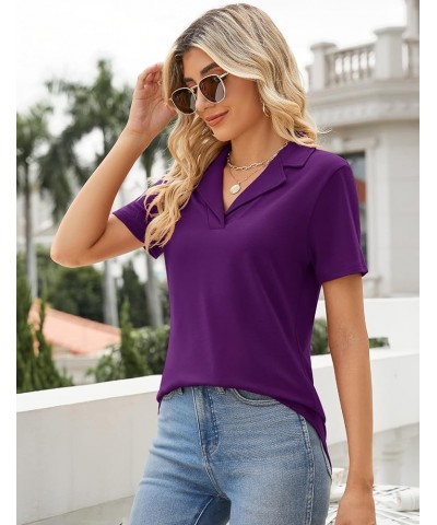 Women's Polo Shirts Lapel Collar V Neck Short Sleeve Blouse Dressy Casual Tunic Tops Purple $17.39 Shirts