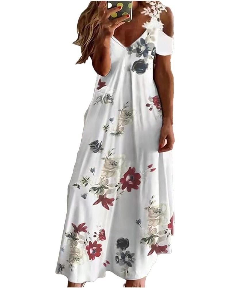 Maxi Dresses for Women,2024 Spring Summer Trendy Floral Print Sling Sundress,Casual V Neck Flowy Ruched Boho Beach Dress B-wh...