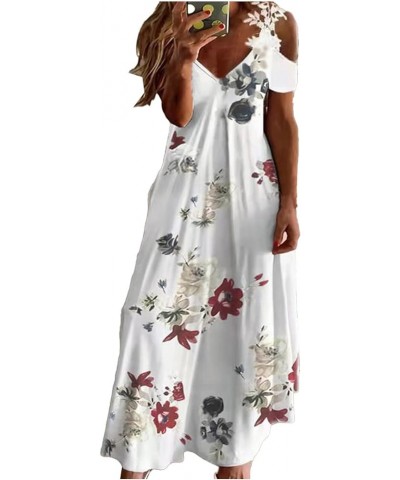 Maxi Dresses for Women,2024 Spring Summer Trendy Floral Print Sling Sundress,Casual V Neck Flowy Ruched Boho Beach Dress B-wh...