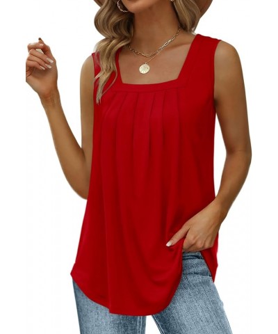 Summer Tank Tops for Women Loose Fit Pleated Square Neck Sleeveless Tops Curved Hem Flowy 06-red $11.19 Tanks