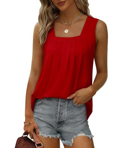 Summer Tank Tops for Women Loose Fit Pleated Square Neck Sleeveless Tops Curved Hem Flowy 06-red $11.19 Tanks