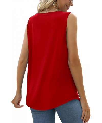 Summer Tank Tops for Women Loose Fit Pleated Square Neck Sleeveless Tops Curved Hem Flowy 06-red $11.19 Tanks